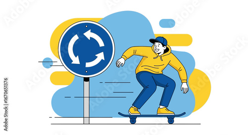 Young Man Enjoying Skateboarding Near A Roundabout Sign In A Colorful Composition