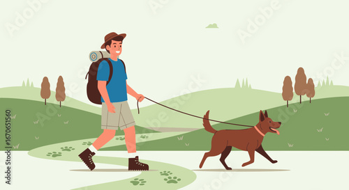 Young Man Hiking Through Hills With His Dog On a Sunny Day Cartoon