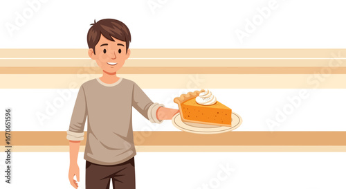 Young Man Holding Delicious Slice Of Pumpkin Pie With Whipped Cream
