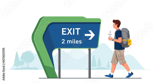 Young Man Hiking To The Exit Sign Direction With Backpack And Coffee