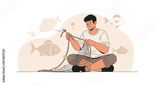 Young Man Mending Fishnet Sitting On The Ground In Isolated White Background