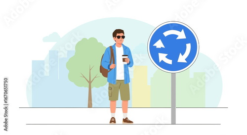 Young Man Near Roundabout Sign Enjoying Coffee During Urban Exploration