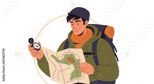 Young Man on Adventure Trip Looking at Map and Compass Navigation