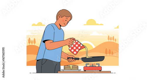 Young Man Preparing Pancake Breakfast In Sunny Rural Scene Illustration