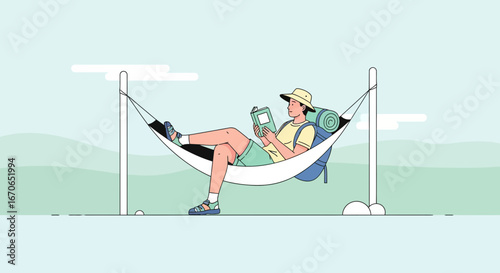 Young Man Relaxing And Reading Book In Hammock During Summer Adventure Trip