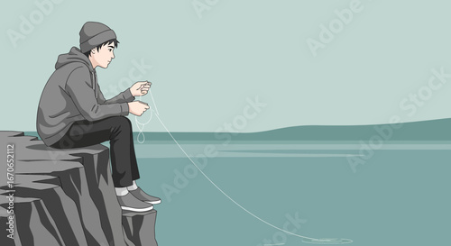 Young Man Sitting On The Edge Of Cliff And Listening To Music With Headphones