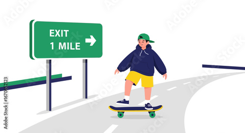 Young Man Skateboarding Near Highway Exit Sign Enjoying Urban Exploration
