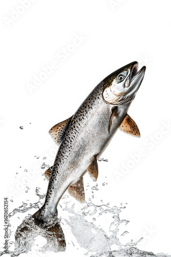 A silver salmon jumps from the water in a dynamic splash, isolated on transparent background