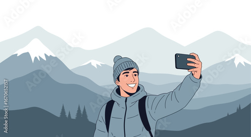 Young Man Taking A Selfie On A Mountain Adventure During Winter Season