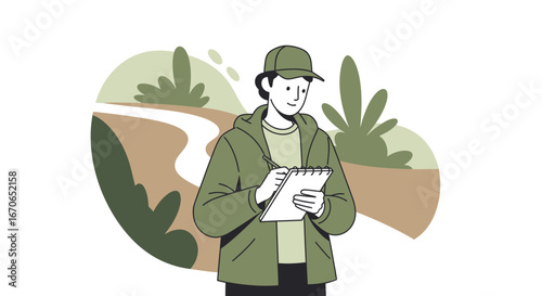 Young Man Taking Notes On Nature Hike In Green Environment Illustration