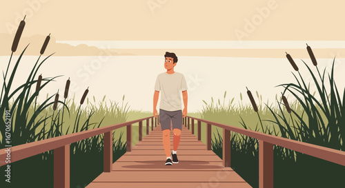 Young Man Walking On A Wooden Pier In A Peaceful Nature Setting