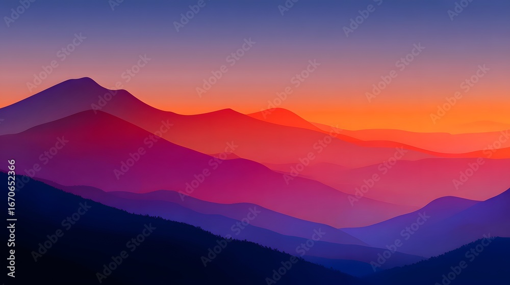 Obraz premium Layered mountain ranges bathed in vibrant sunset hues, displaying a tranquil and colorful landscape.
