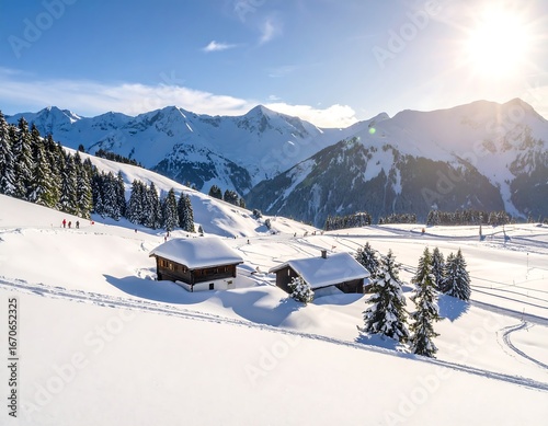 Winter alpine village nestled in snow-covered mountains