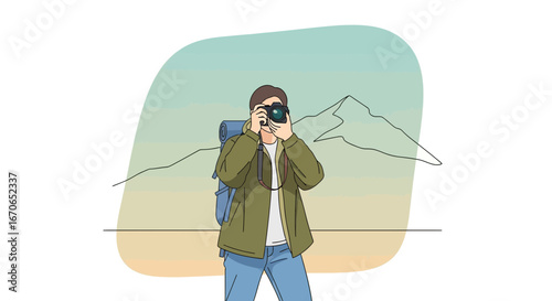 Young Photographer Capturing Nature's Beauty During a Mountain Trekking Adventure