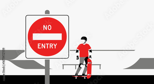 Young Skateboarder Ignores The Warning In A Modern And Clean Illustration