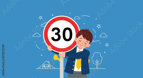Young Student Embracing Safety First Thirty Kilometers Per Hour Speed Limit Sign