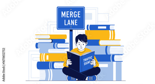 Young Student Learning Traffic Regulations with A Book And Merge Lane Sign