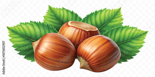 realistic 3d three hazelnuts with green leaves in different style isolated on transparent background