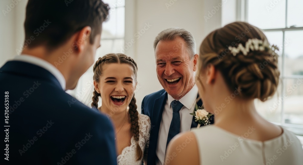 Obraz premium Joyful wedding celebration with caucasian family in bright room