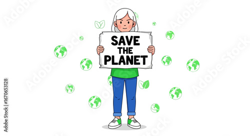 Young Woman Advocate Holding Save The Planet Banner For Environmental Protection