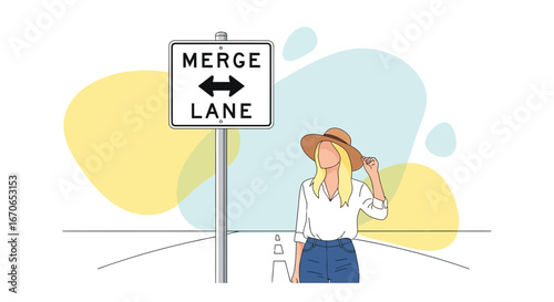 Young Woman At Merge Lane Sign On Road Trip In Minimalist Illustration Style