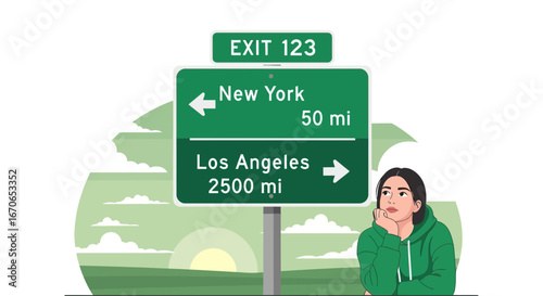 Young Woman Contemplating a Long Journey Between New York and Los Angeles