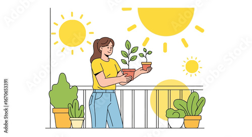 Young Woman Cultivating Plants on Balcony Growing Hobby in Sunny Weather