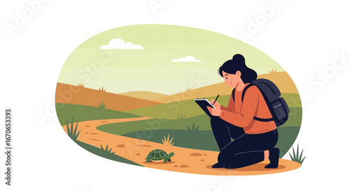 Young Woman Drawing a Turtle During Her Travels in Nature Illustration
