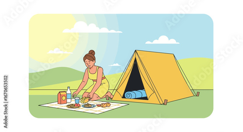 Young Woman Enjoying Peaceful Camping Picnic Beside Tent On Nature Landscape