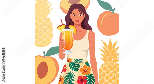 Young Woman Enjoying Refreshing Summer Cocktail Surrounded by Fruits Illustration