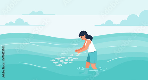 Young Woman Enjoys The Sea Playing With A School Of Fish In The Ocean