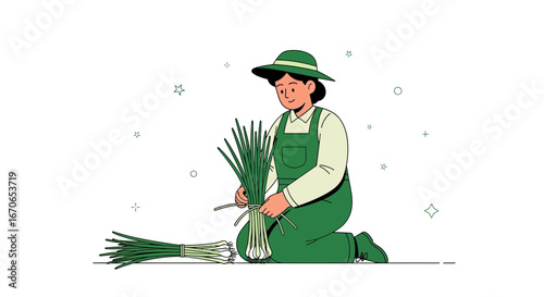 Young Woman Farmer Harvesting Fresh Green Onions at an Organic Farm
