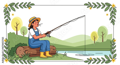 Young Woman Fishing On The Lakeside With Nature In A Relaxing Atmosphere