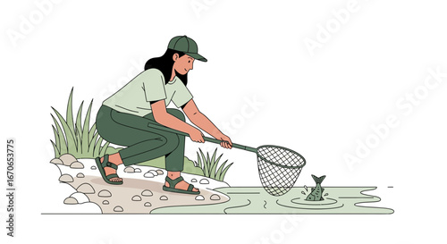 Young Woman Fishing with Net in River Enjoying Nature Summer Outdoors