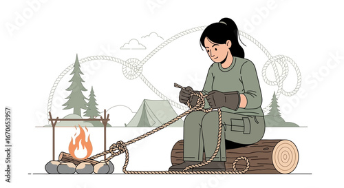 Young Woman Learning Knot Tying Skills In Outdoor Camping Adventure