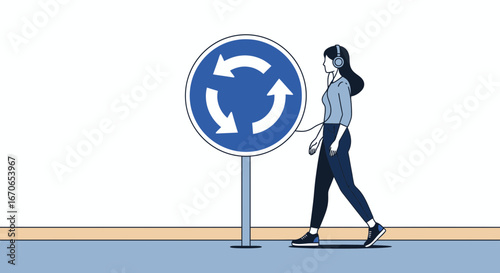 Young Woman Listens Music While Walking Past Roundabout Sign On The Sidewalk