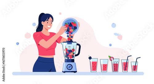 Young Woman Making A Delicious Healthy Berry Smoothie At Home Kitchen