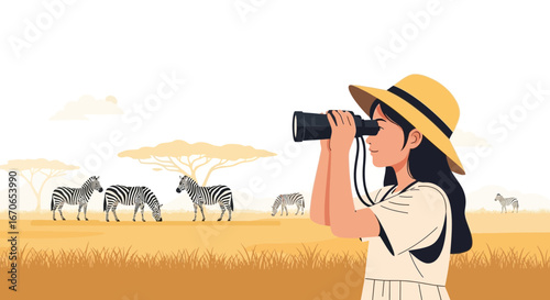 Young Woman Observing Wildlife in Africa Savanna with Binoculars