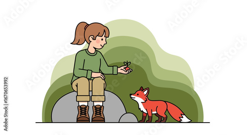 Young Woman Offers Sprout to Curious Fox in Forest Landscape Adventure