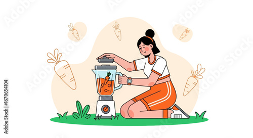 Young Woman Preparing Fresh Carrot Juice in a Blender Outdoors
