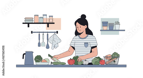 Young Woman Preparing Healthy Meal in Kitchen With Fresh Vegetables