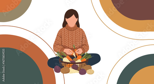 Young Woman Preparing Healthy Organic Vegetables In Wicker Basket At Home