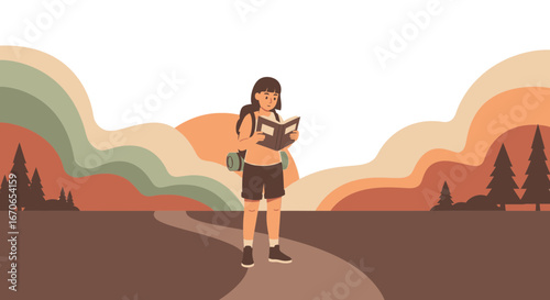 Young Woman Reads Book During Adventure Hiking in Nature Mountains