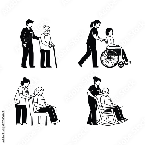 Vector art of caregivers assisting elderly people with mobility