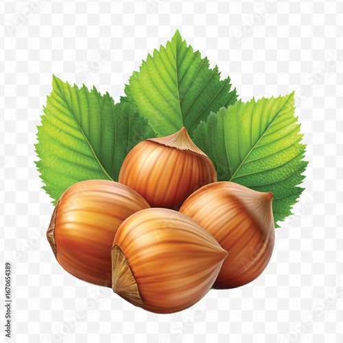 realistic 3d three hazelnuts with green leaves in different style isolated on transparent background