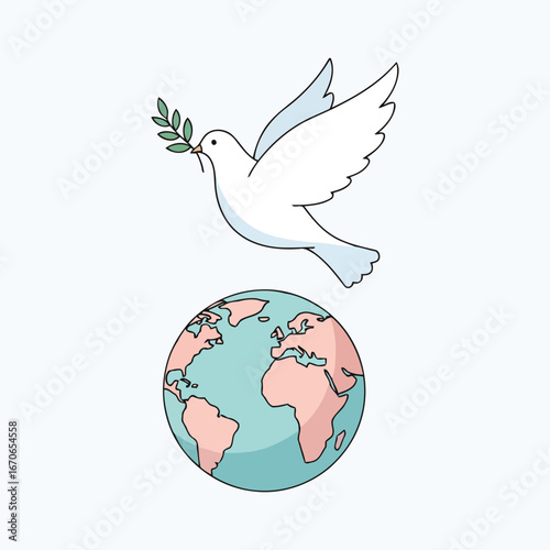 Vector art of a white dove carrying a green olive branch flies over the earth