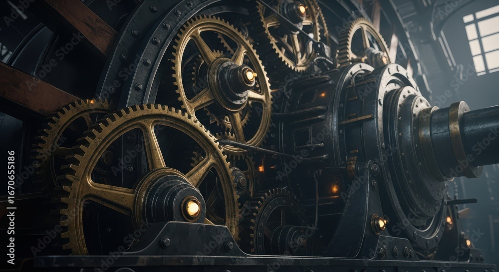 Fototapeta premium Closeup of intricate steampunk gears and machinery in a workshop