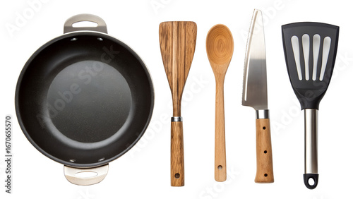 Various kitchen utensils including frying pan, wooden spoon, knife and spatula isolated on transparent background