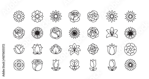 Flower head line art icon bundle illustration
