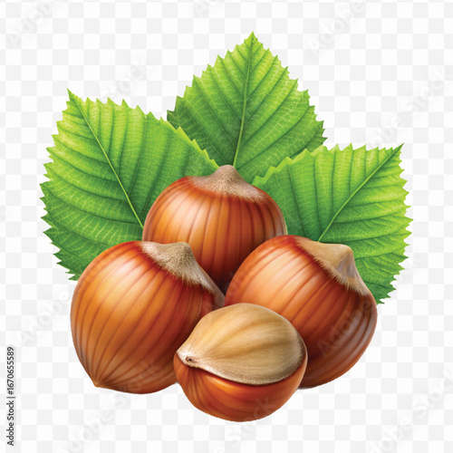 realistic 3d three hazelnuts with green leaves in different style isolated on transparent background